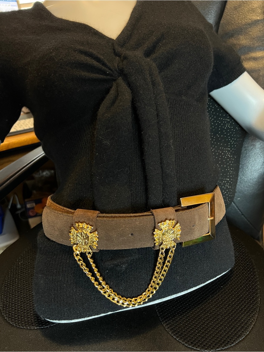VINTAGE Wide Suede Belt • Gold Crest Chain • Brown Leather • Made in Canada